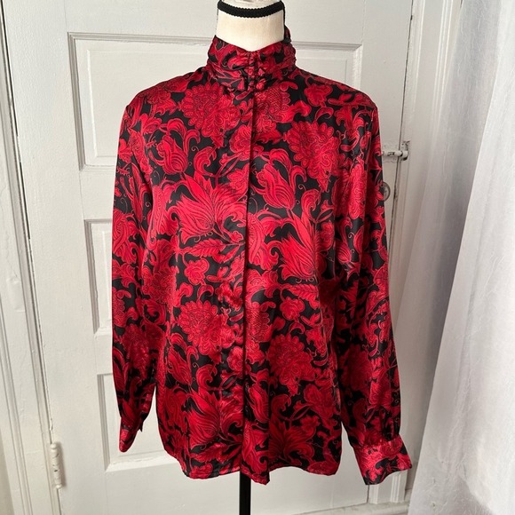 Jennifer Moore Vintage Red Black Baroque Floral Satin Blouse Mock Neck Gothic - Picture 13 of 17